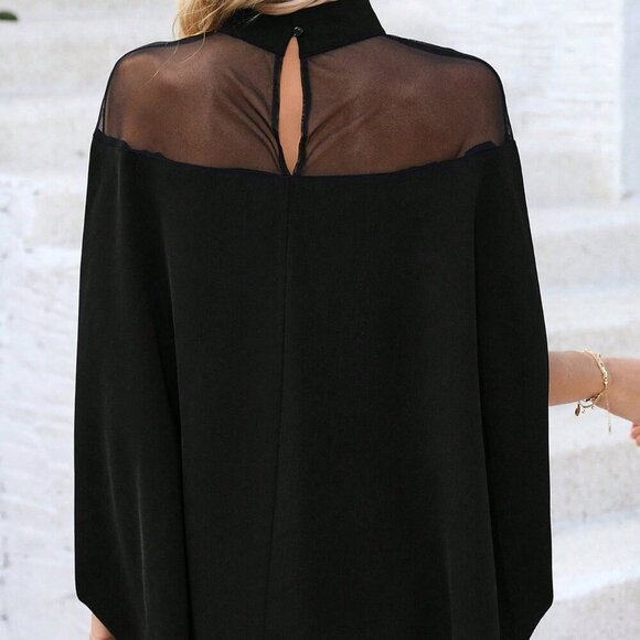 Black Casual Women's Stand Collar Sheer Yoke Short Sleeve Cape Blouse - Picture 3 of 7